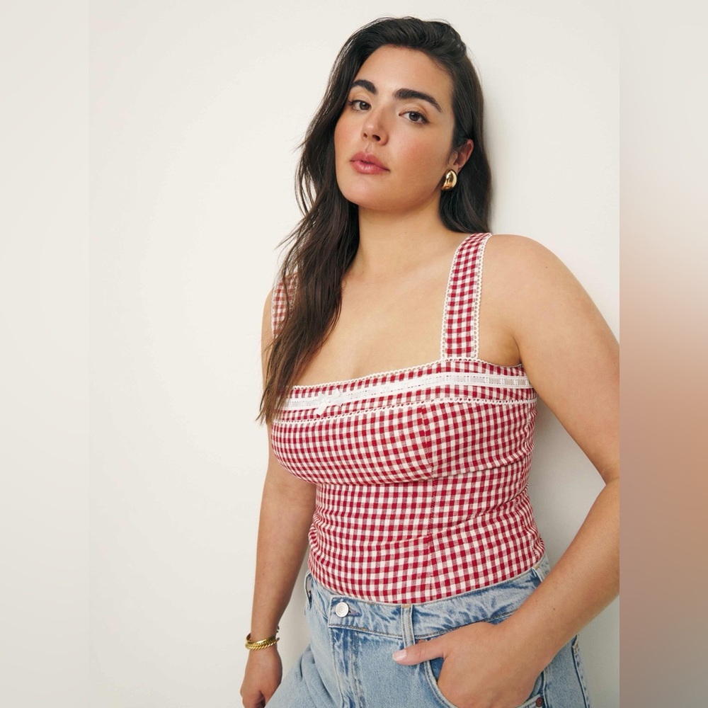 Reformation Red Gingham Square-Neck Tank Top